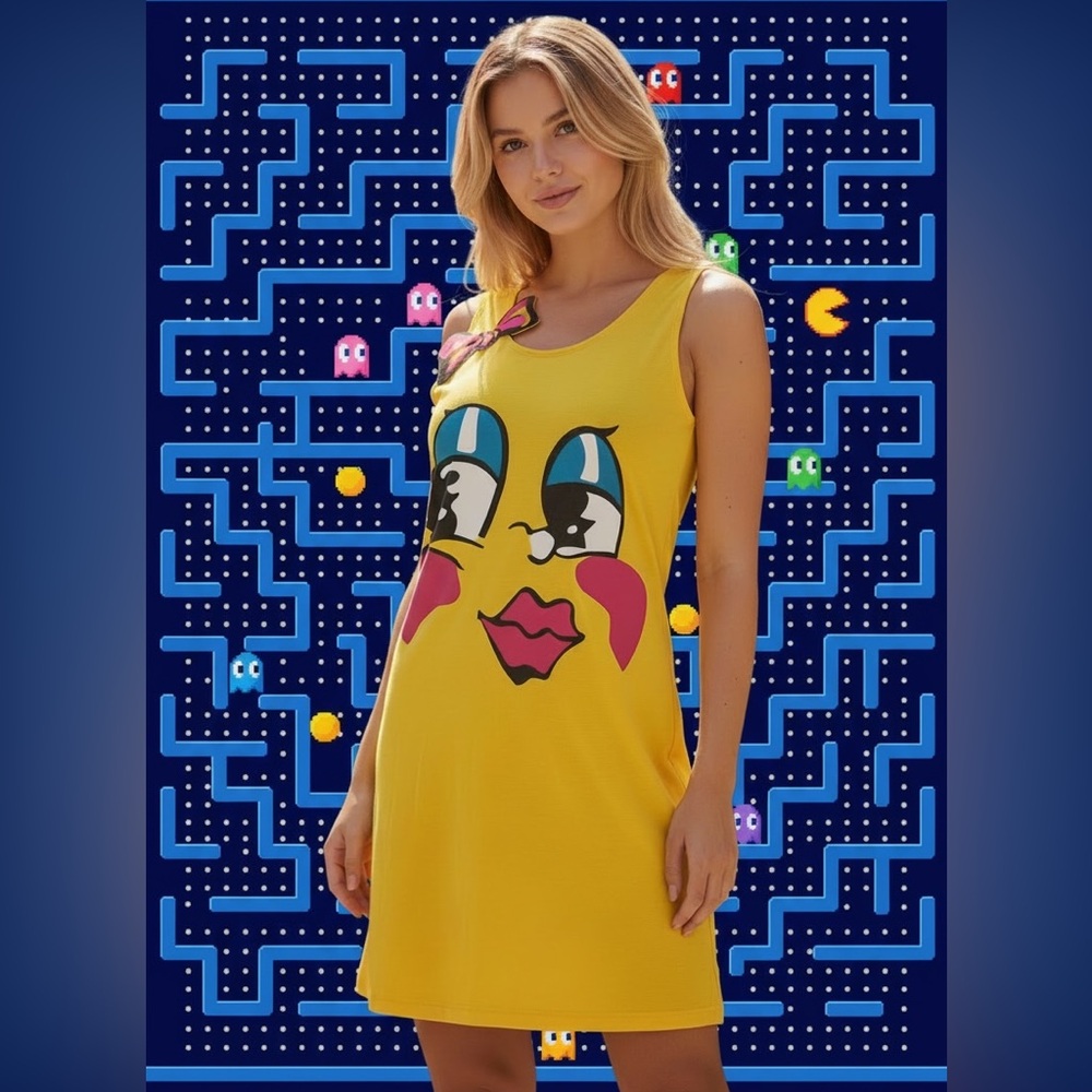 Mrs Pac-Man Costume Dress Yellow Graphic Halloween Mini XS/S
